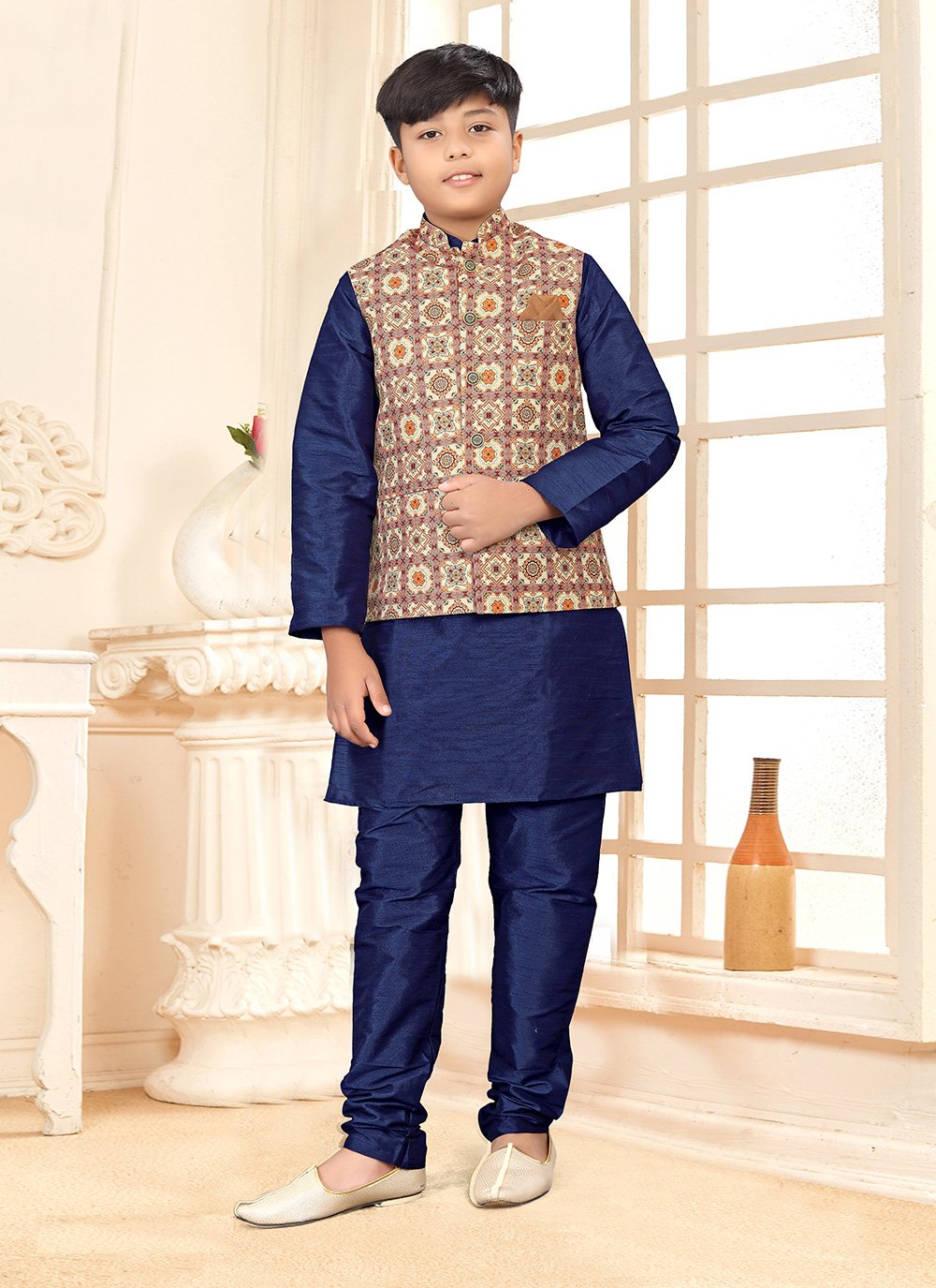 Kurta Payjama With Jacket Silk Blue Multi Colour Digital Print Kids