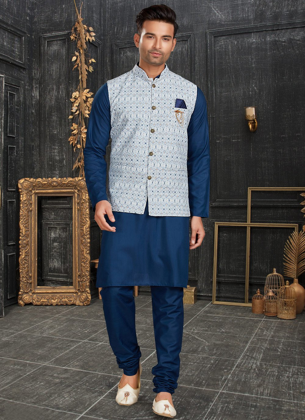 Kurta Payjama With Jacket Cotton Blue Off White Chicken Mens