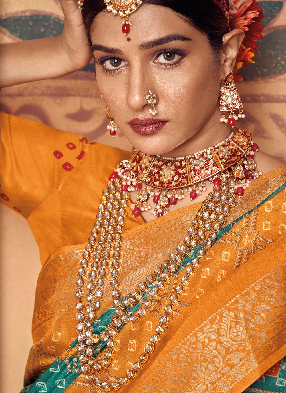 Contemporary Silk Blue Orange Foil Print Saree