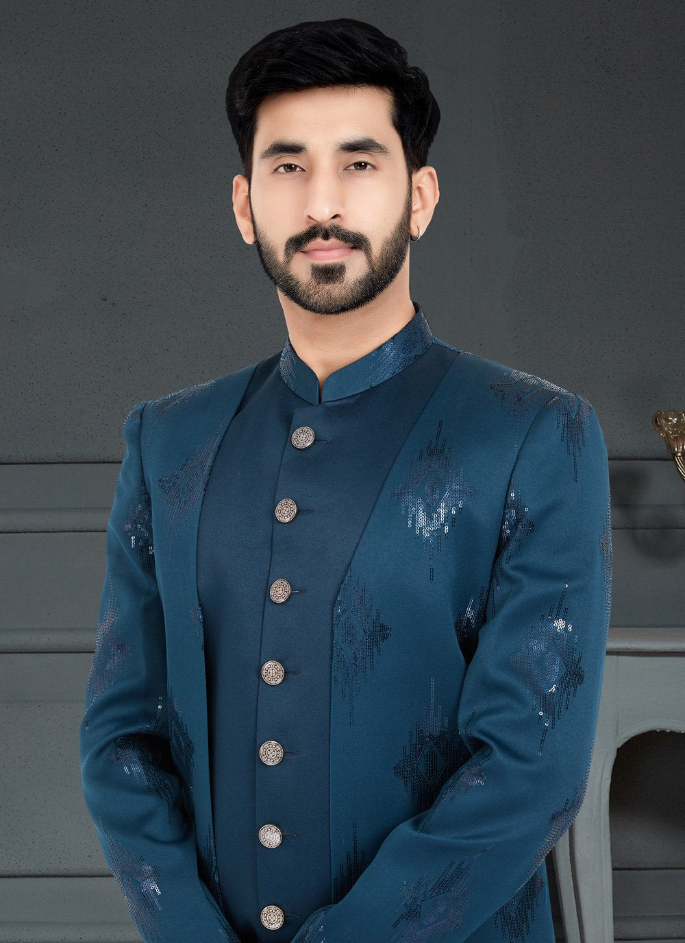 Indo Western Fancy Fabric Blue Teal Embroidered Mens