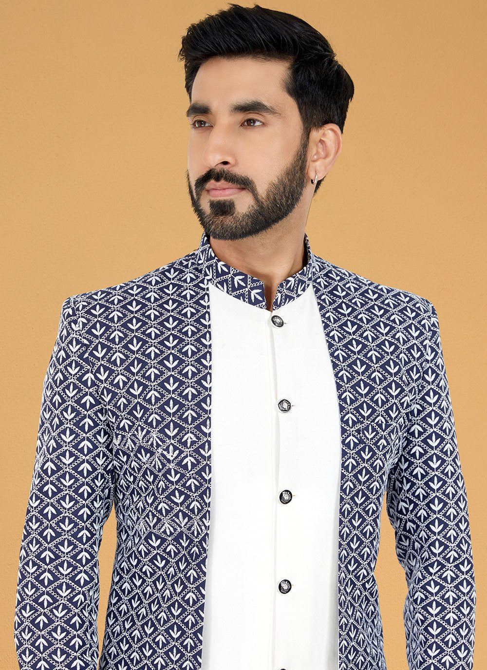 Indo Western Banarasi Silk Dupion Silk Blue White Embroidered Mens