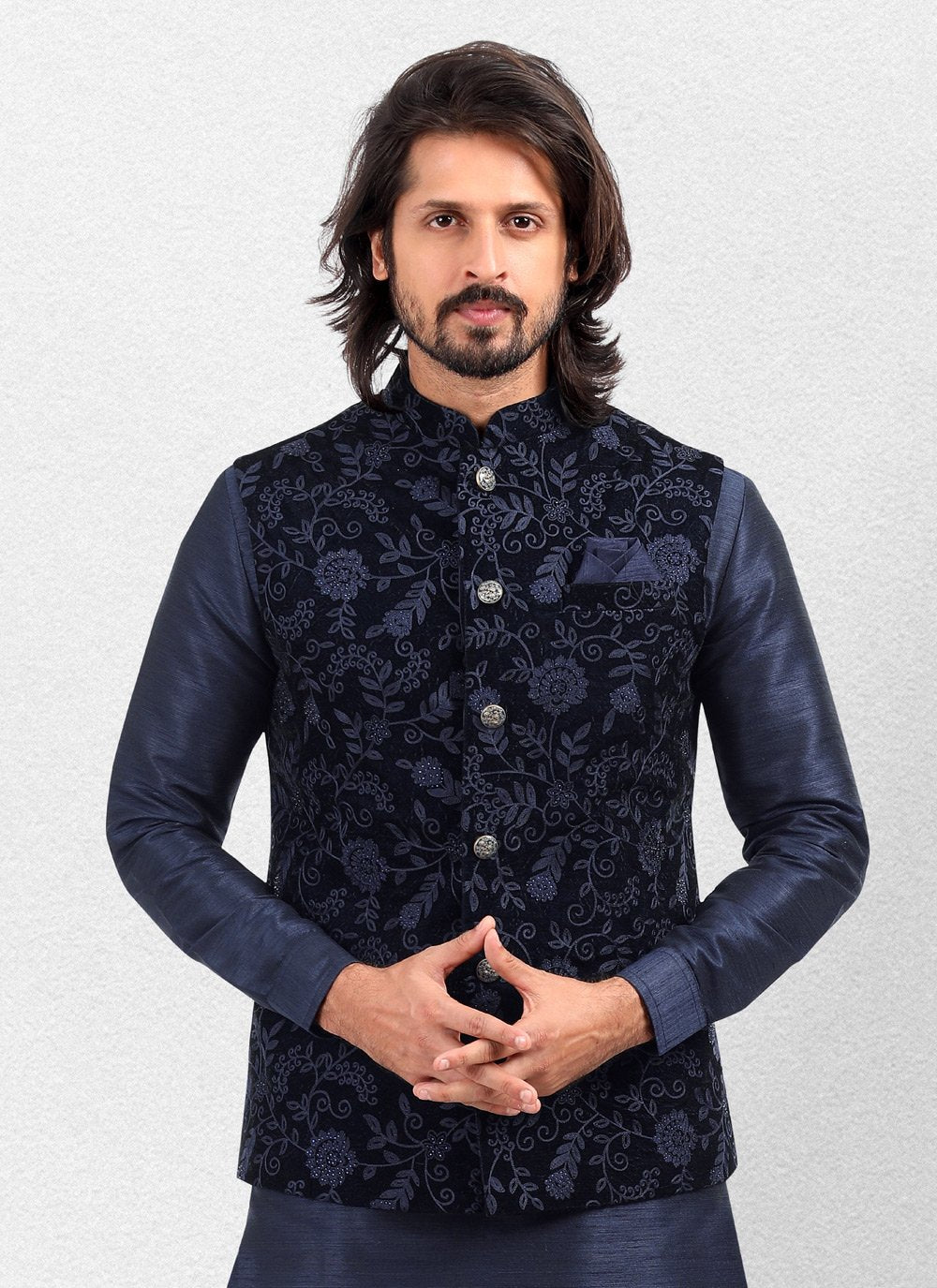 Kurta Payjama With Jacket Art Banarasi Silk Blue Embroidered Mens