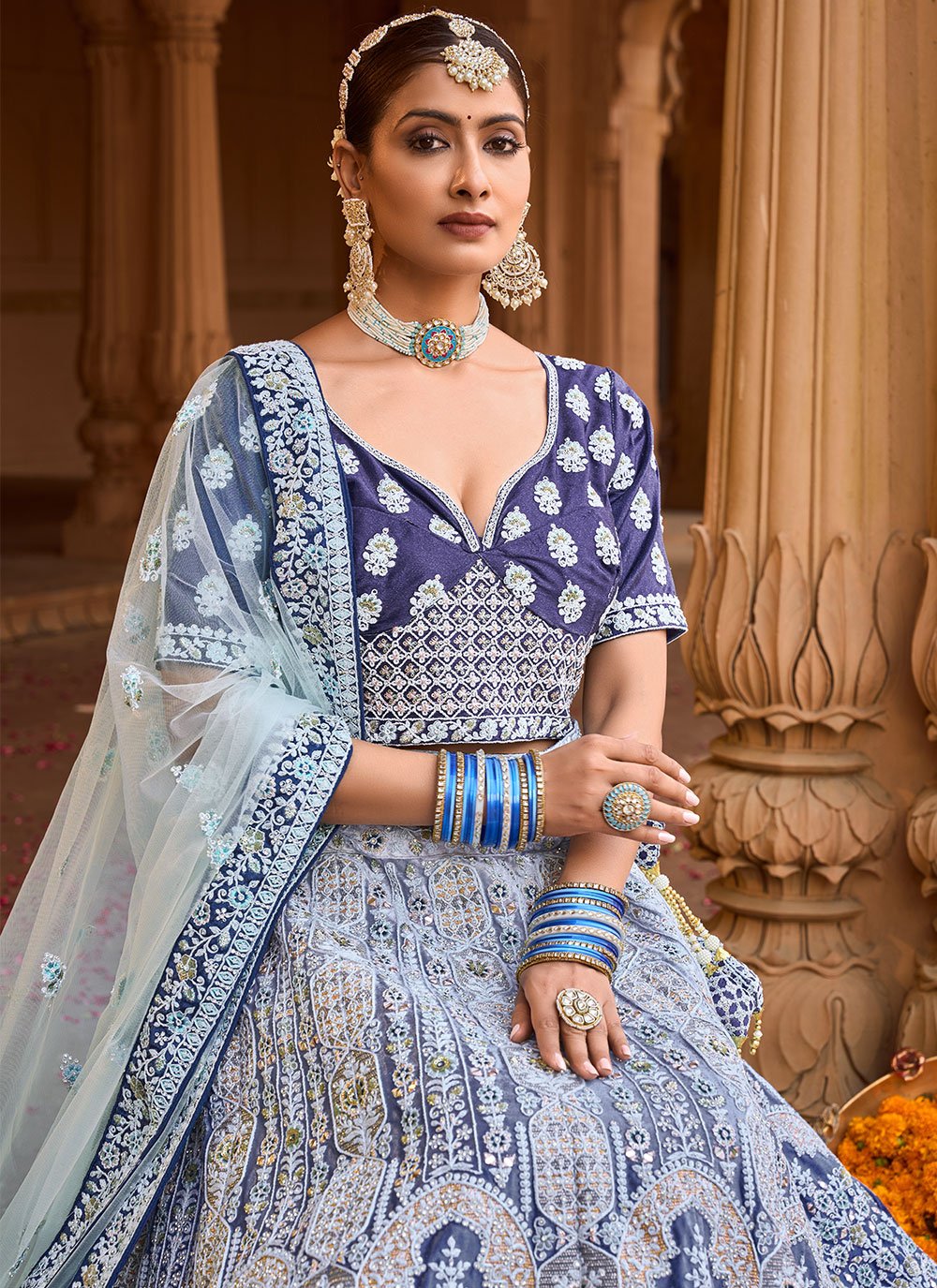 Lehenga Choli Velvet Blue Embroidered Lehenga Choli