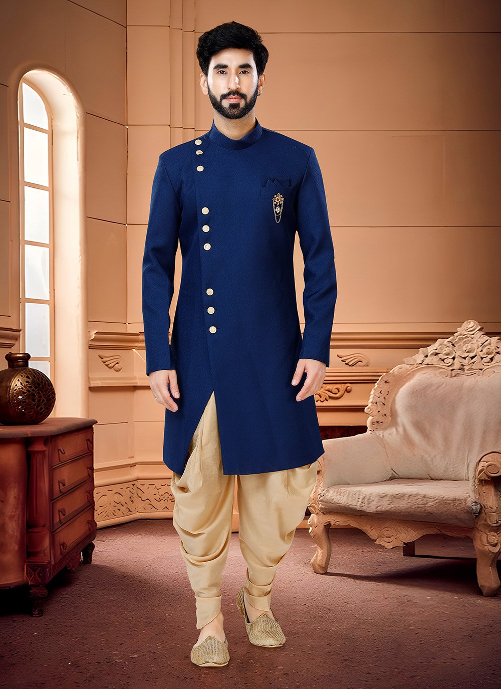 Indo Western Sherwani Fancy Fabric Blue Buttons Mens Kajols Indian Pakistani Fashion Tailoring