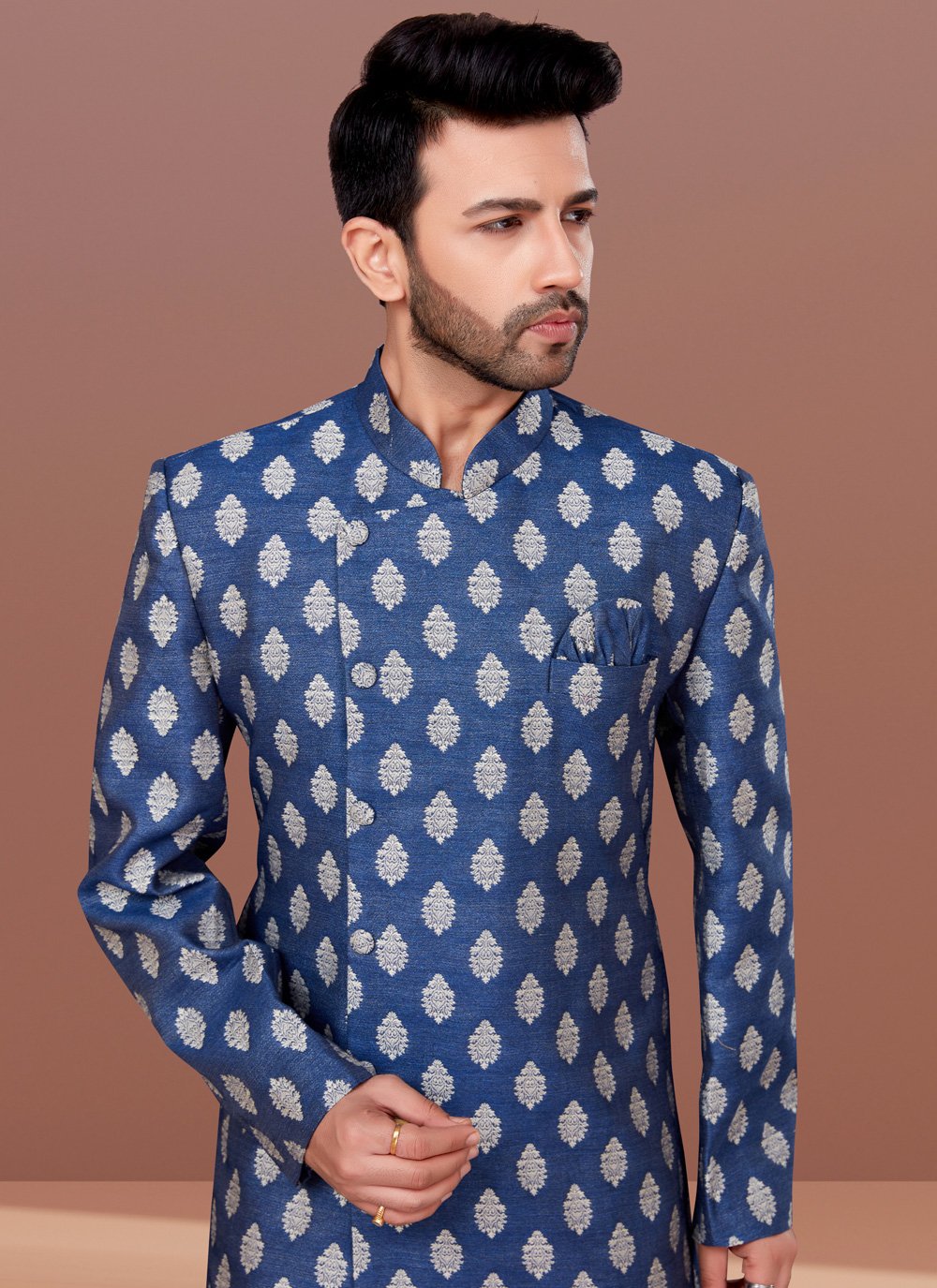 Indo Western Jacquard Blue Fancy Work Mens