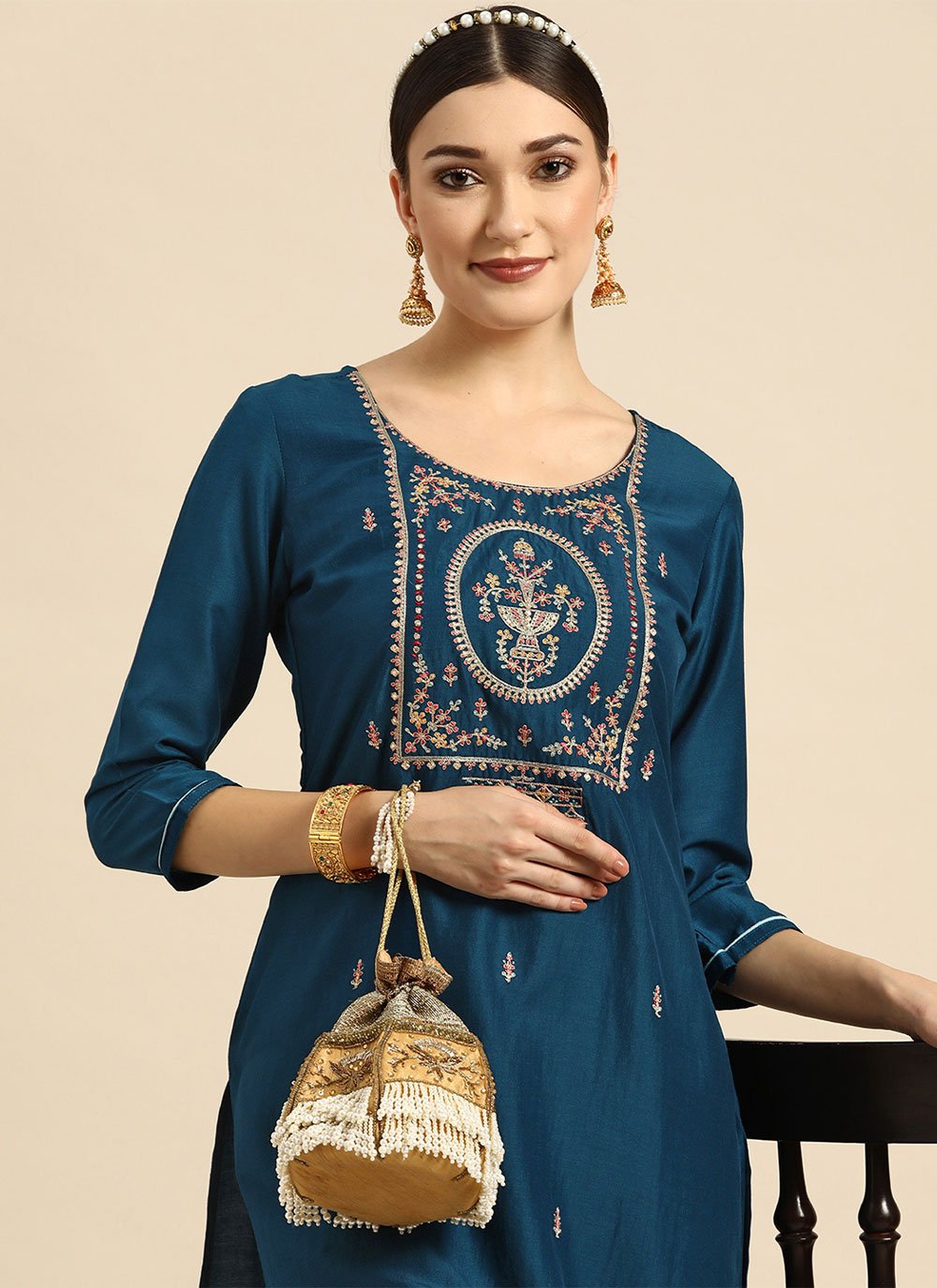 Party Wear Kurti Chinon Blue Embroidered Kurtis