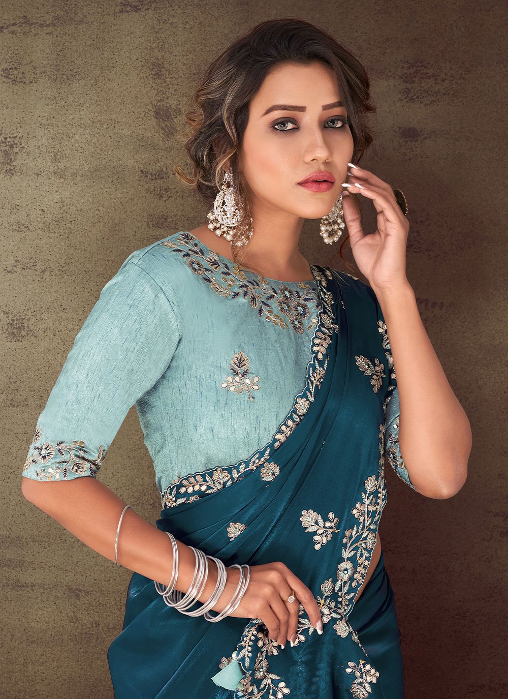 Classic Georgette Organza Silk Blue Embroidered Saree