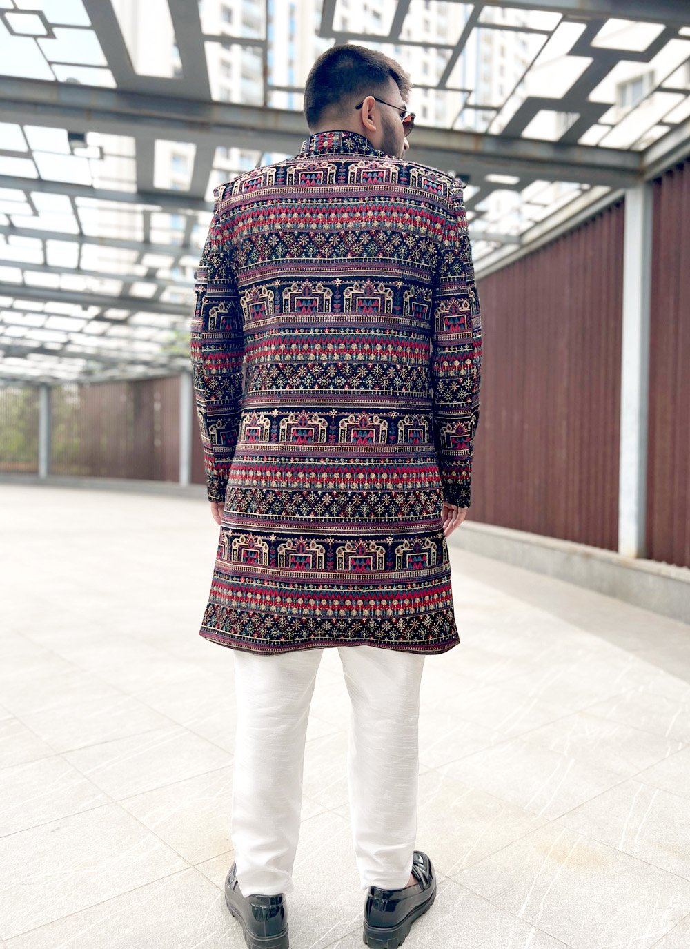 Indo Western Sherwani Velvet Blue Embroidered Mens