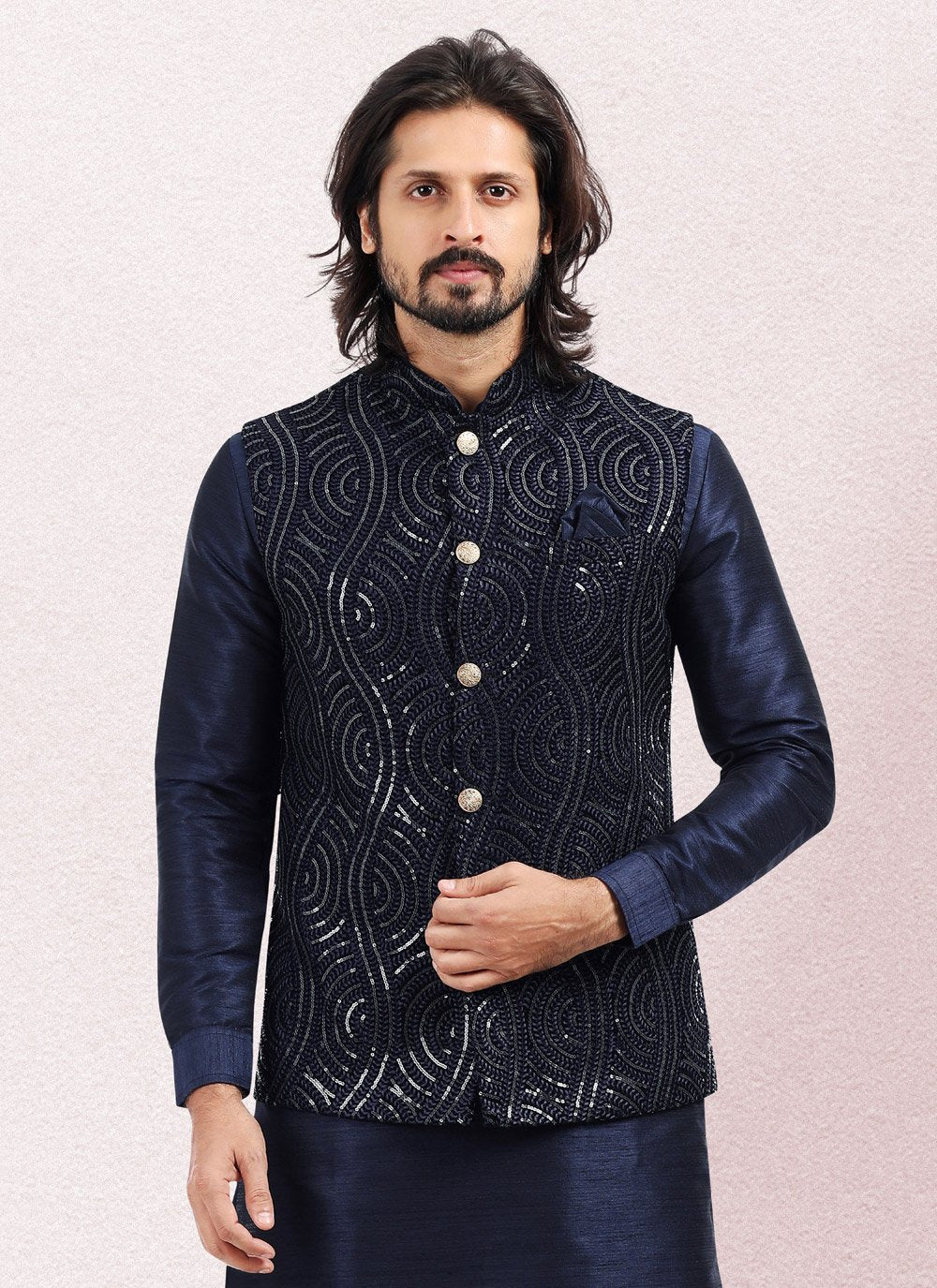 Kurta Payjama With Jacket Art Banarasi Silk Blue Embroidered Mens