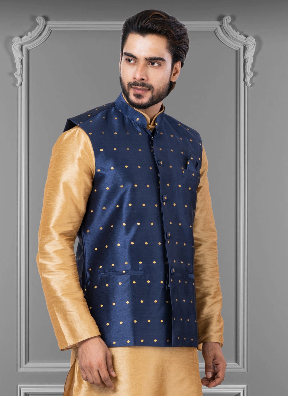 Nehru Jackets Malbari Silk Blue Embroidered Mens
