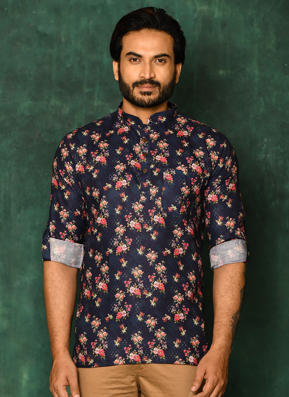 Short Kurta Cotton Blue Fancy Work Mens