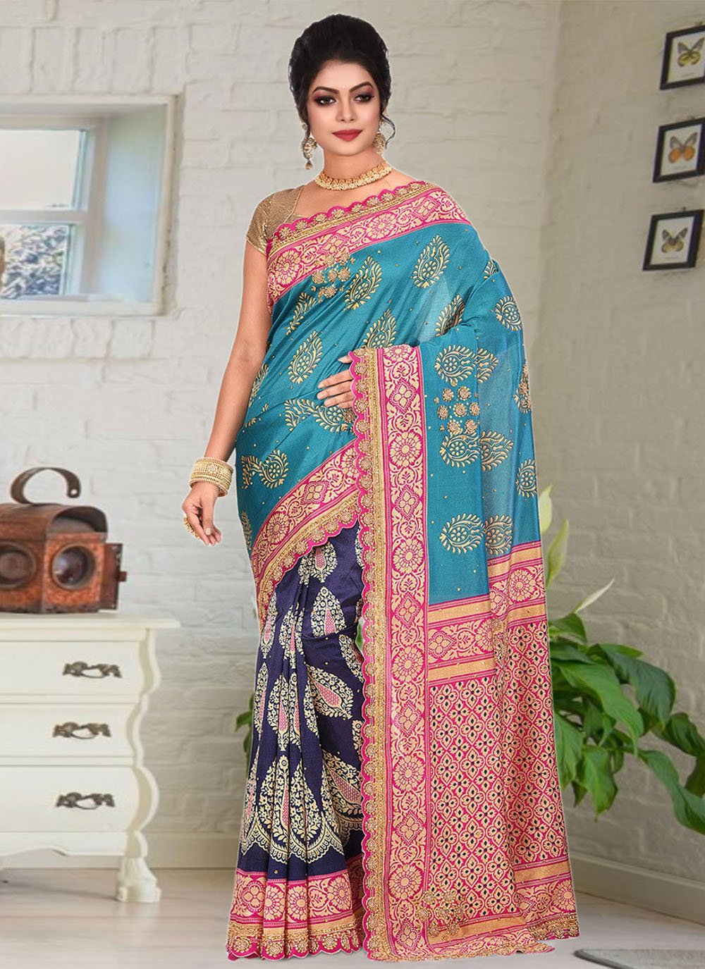 Silk Saree Kanjivaram Silk Blue Hand Work Saree