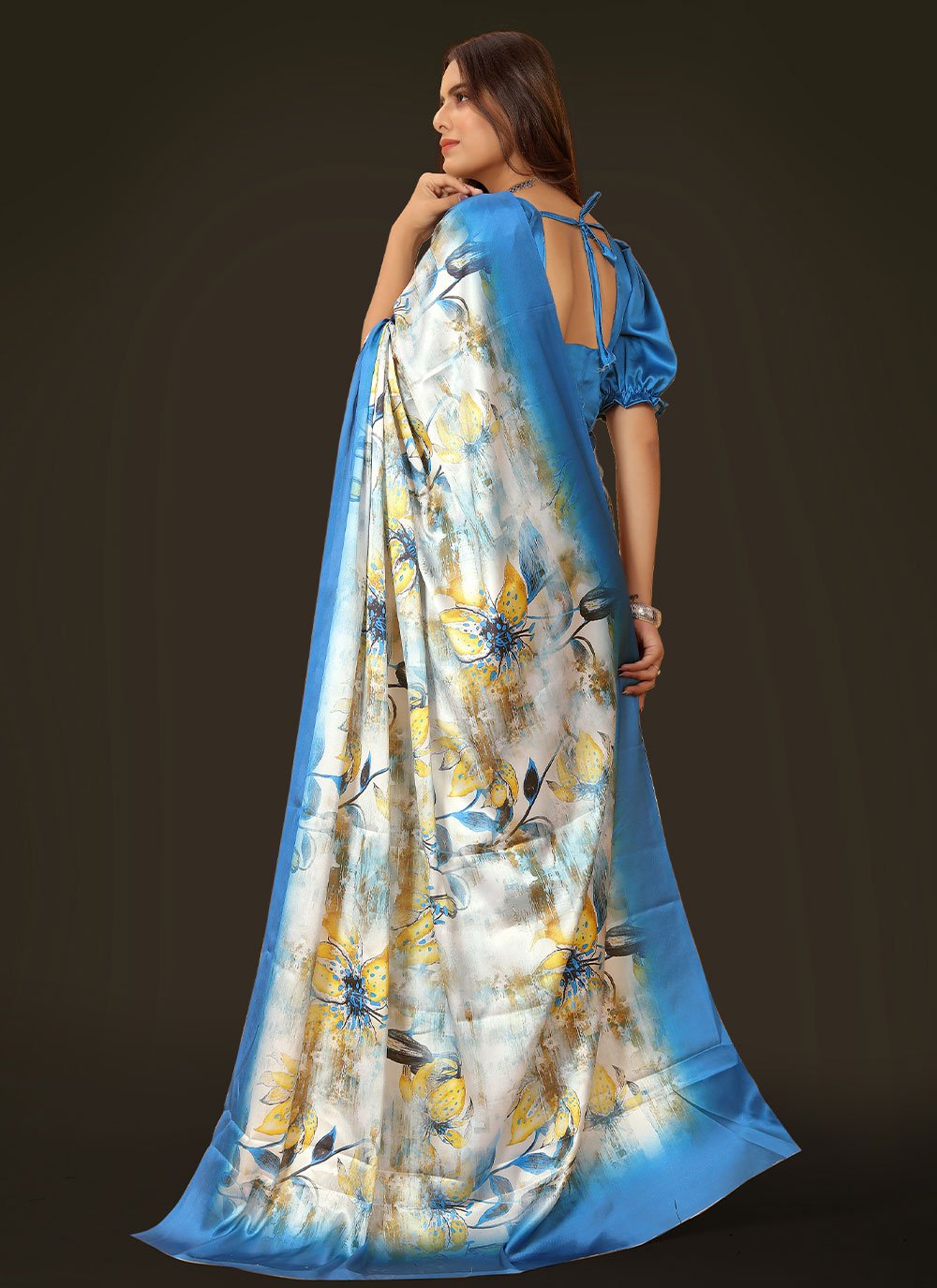Trendy Saree Satin Blue Digital Print Saree