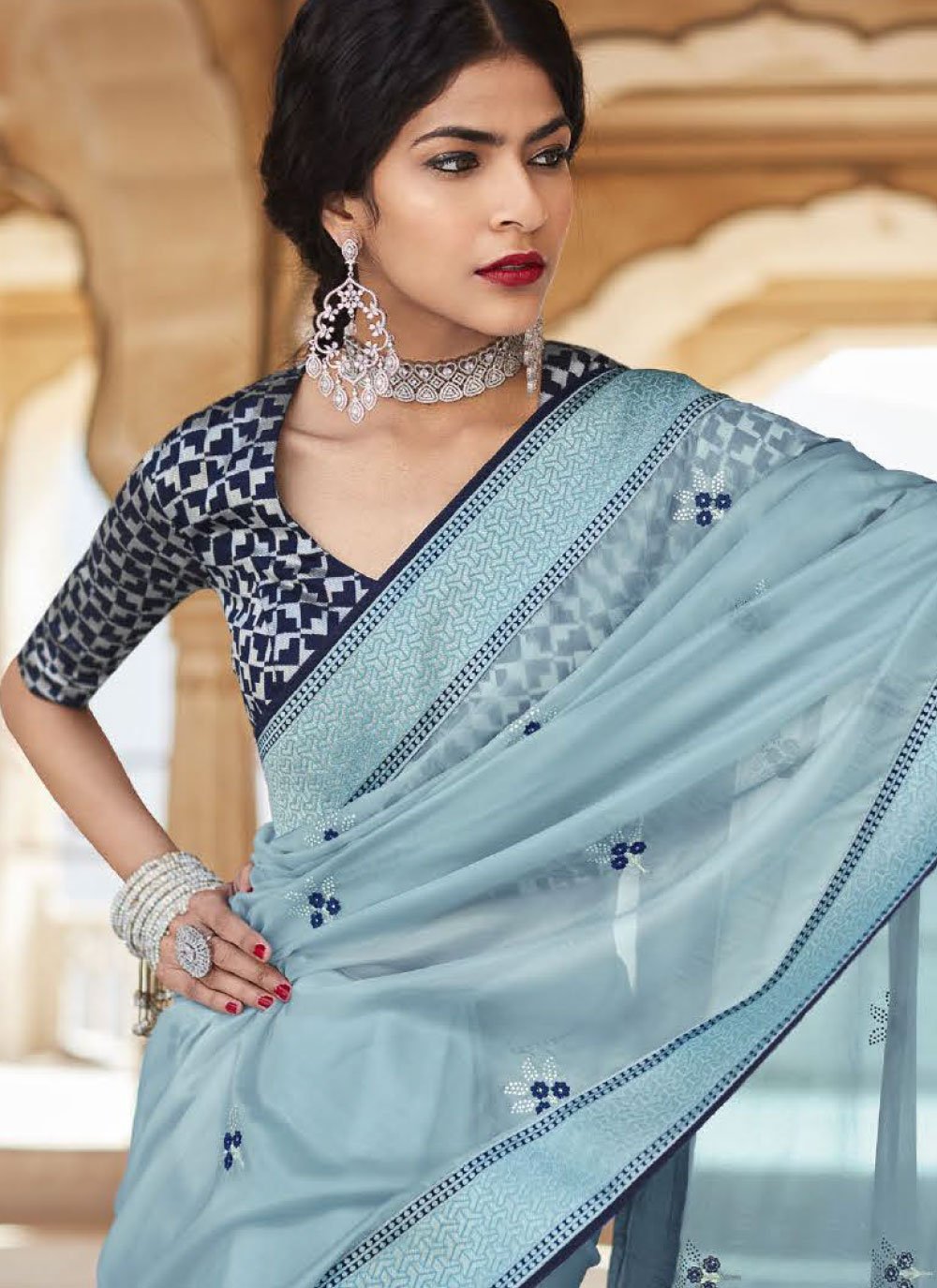 Contemporary Silk Blue Embroidered Saree