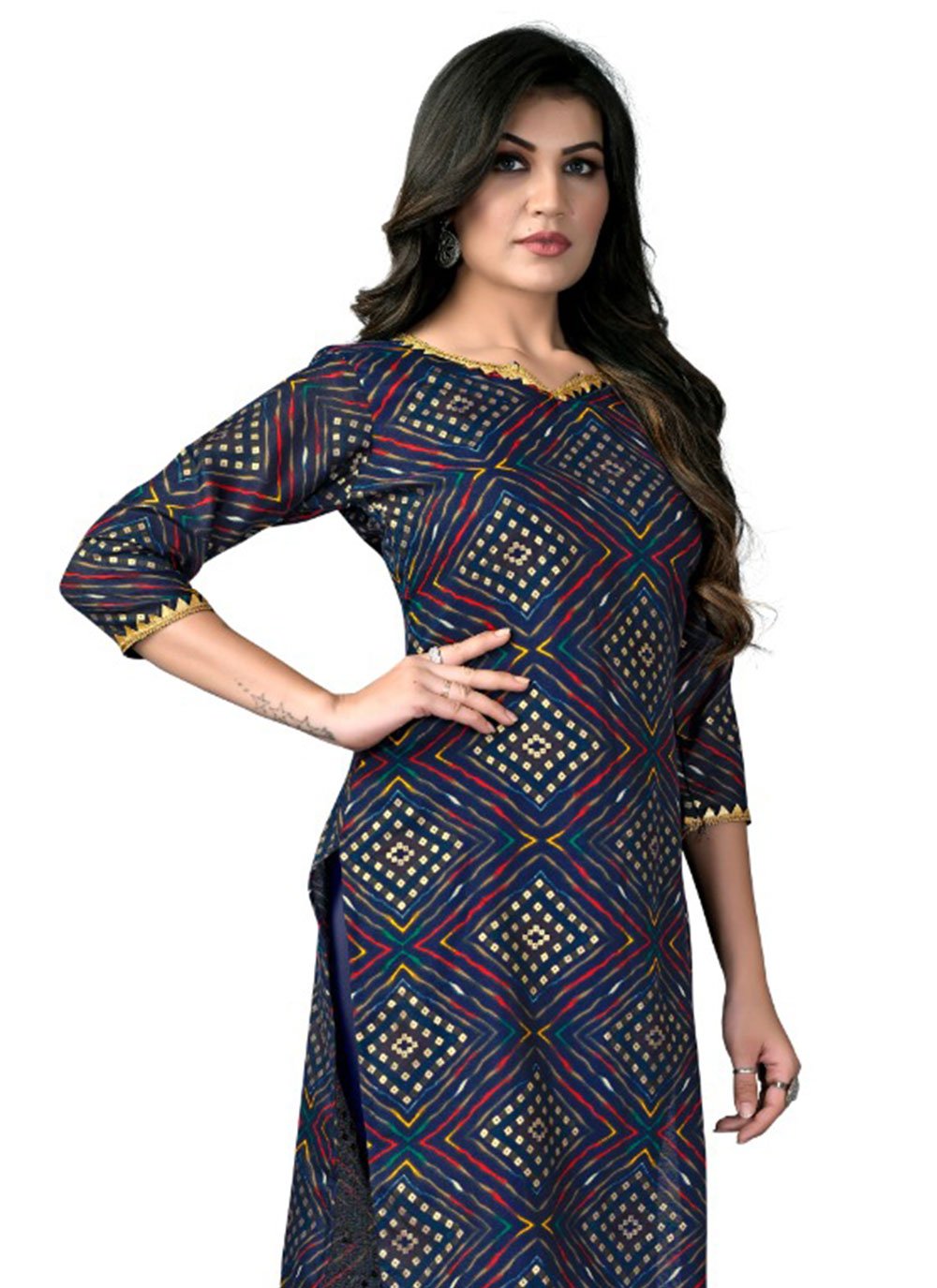 Casual Kurti Cotton Rayon Blue Foil Print Kurtis