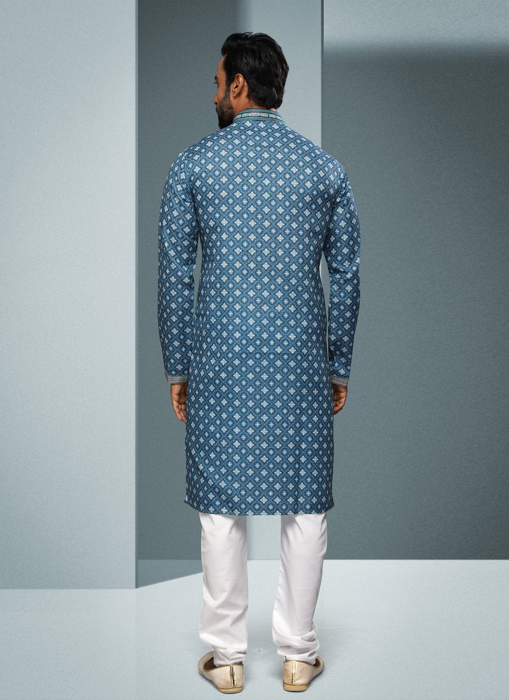 Kurta Pyjama Handloom Cotton Blue Digital Print Mens