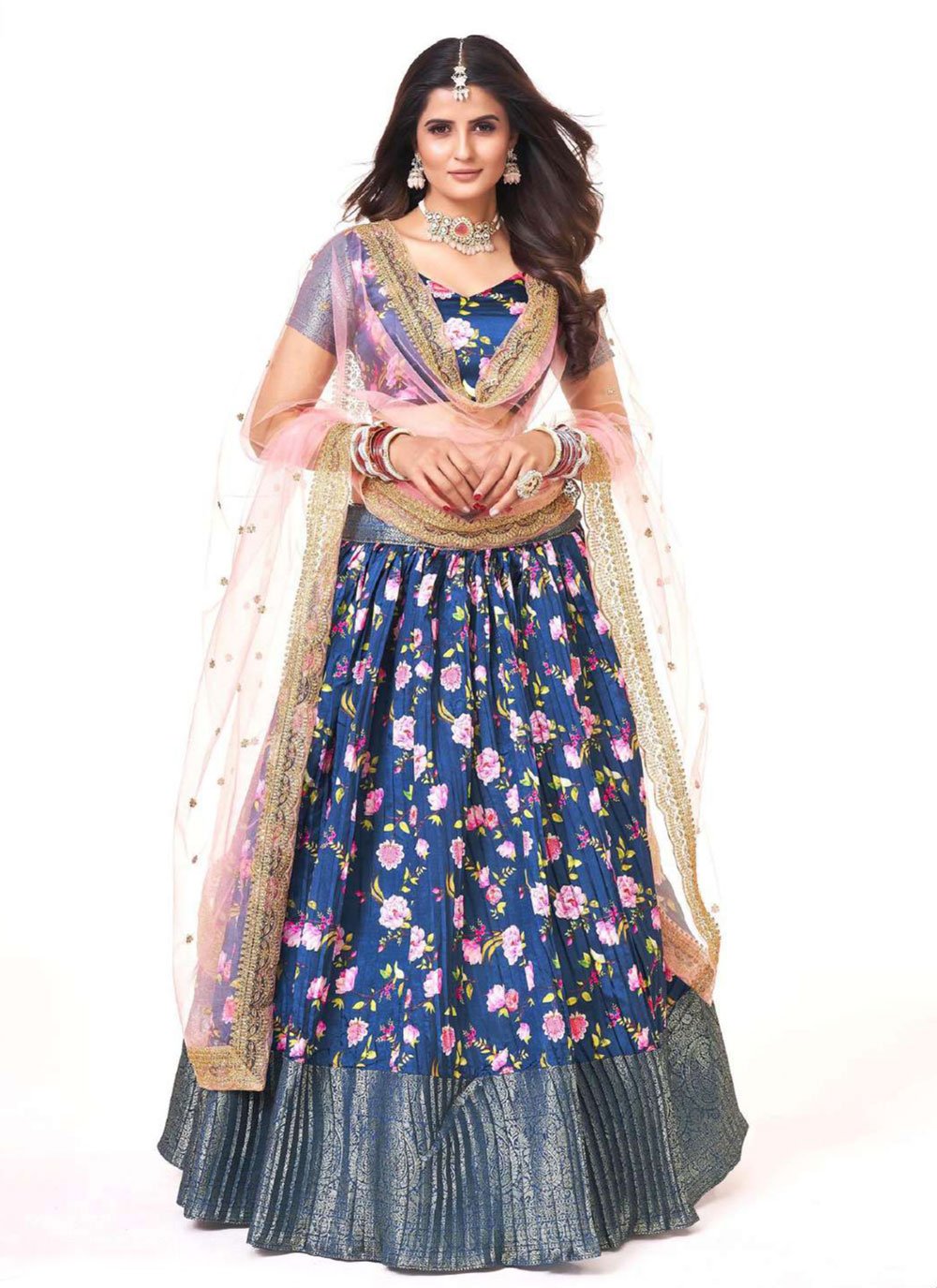 A Line Lehenga Silk Blue Digital Print Lehenga Choli