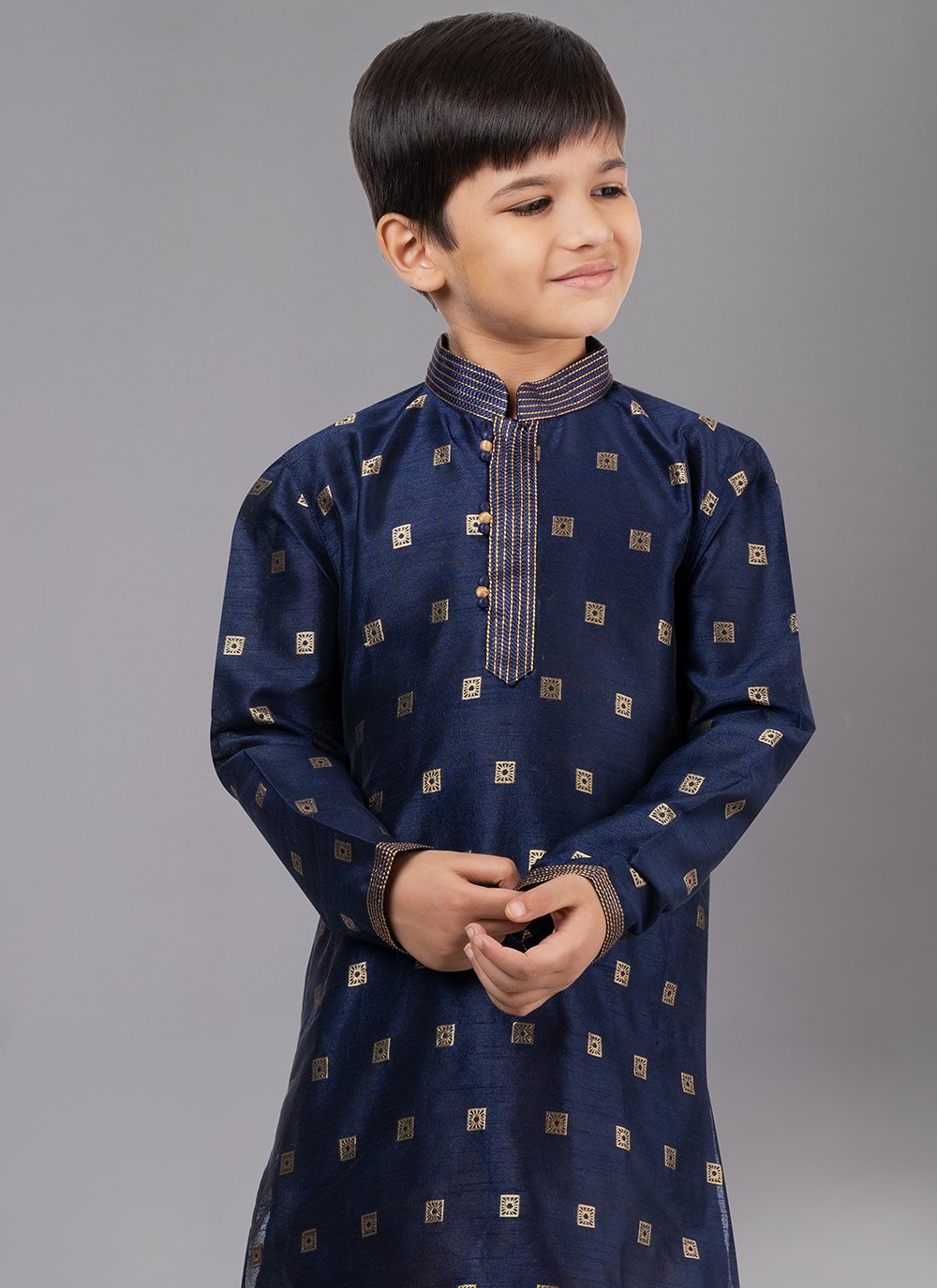 Kurta Pyjama Dupion Silk Jacquard Blue Fancy Work Kids