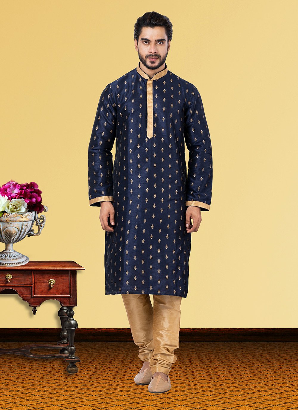 Kurta Pyjama Dupion Silk Blue Print Mens