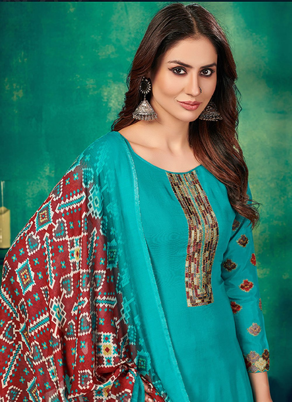 Salwar Suit Muslin Blue Embroidered Salwar Kameez