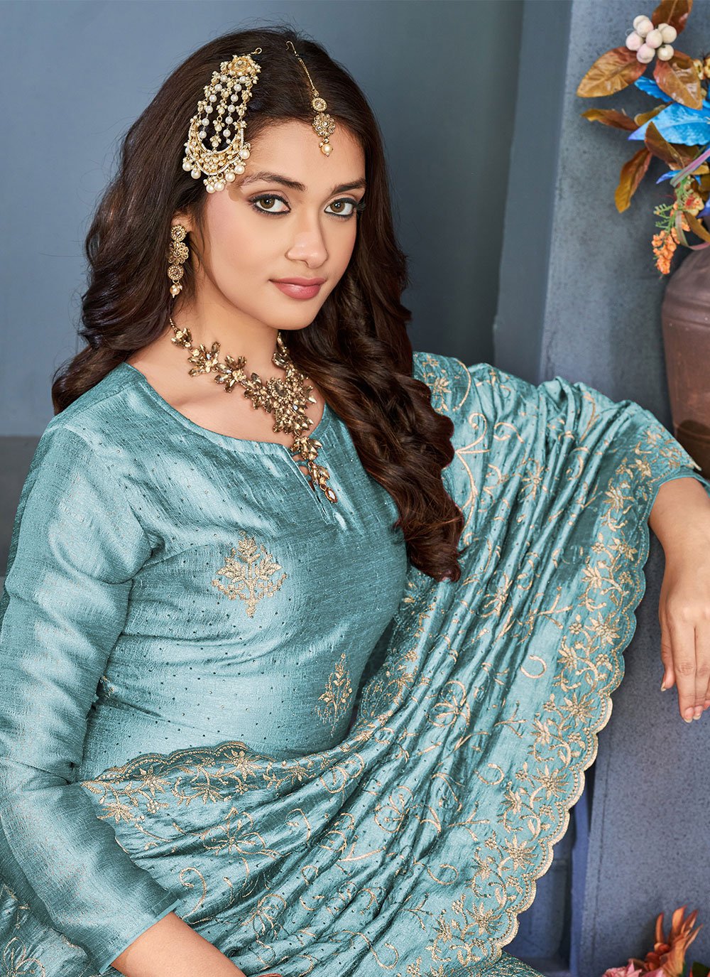 Salwar Suit Vichitra Silk Blue Embroidered Salwar Kameez