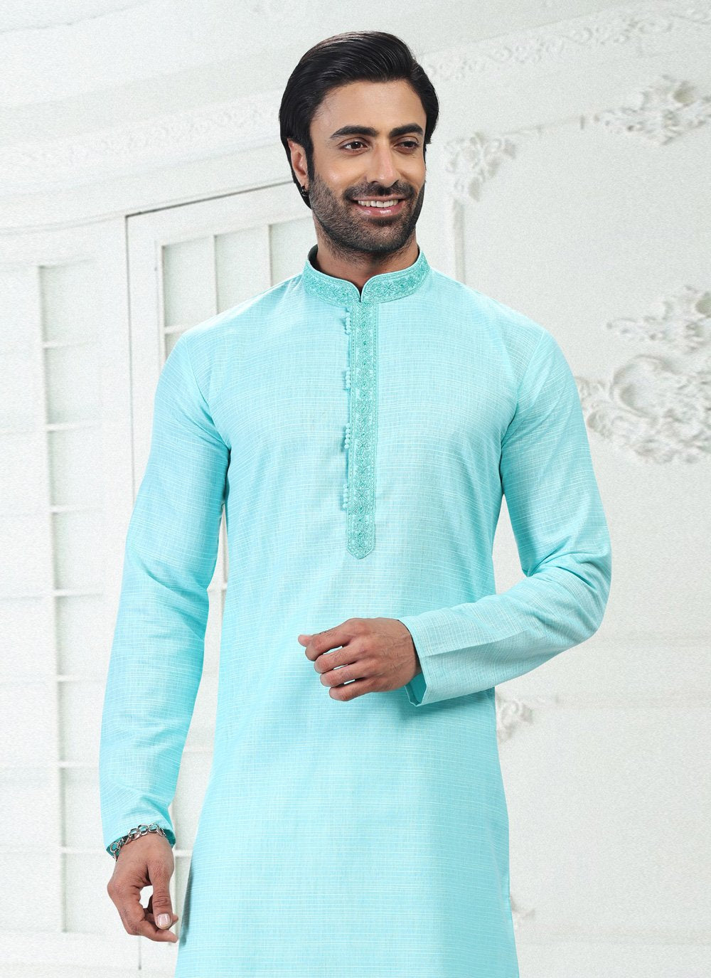 Kurta Pyjama Cotton Linen Blue Thread Mens