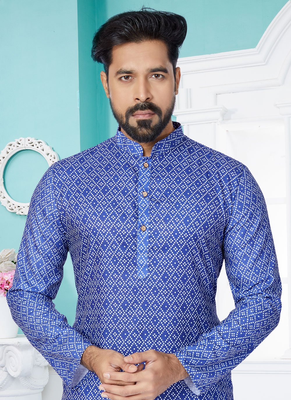 Kurta Pyjama Cotton Blue Digital Print Mens