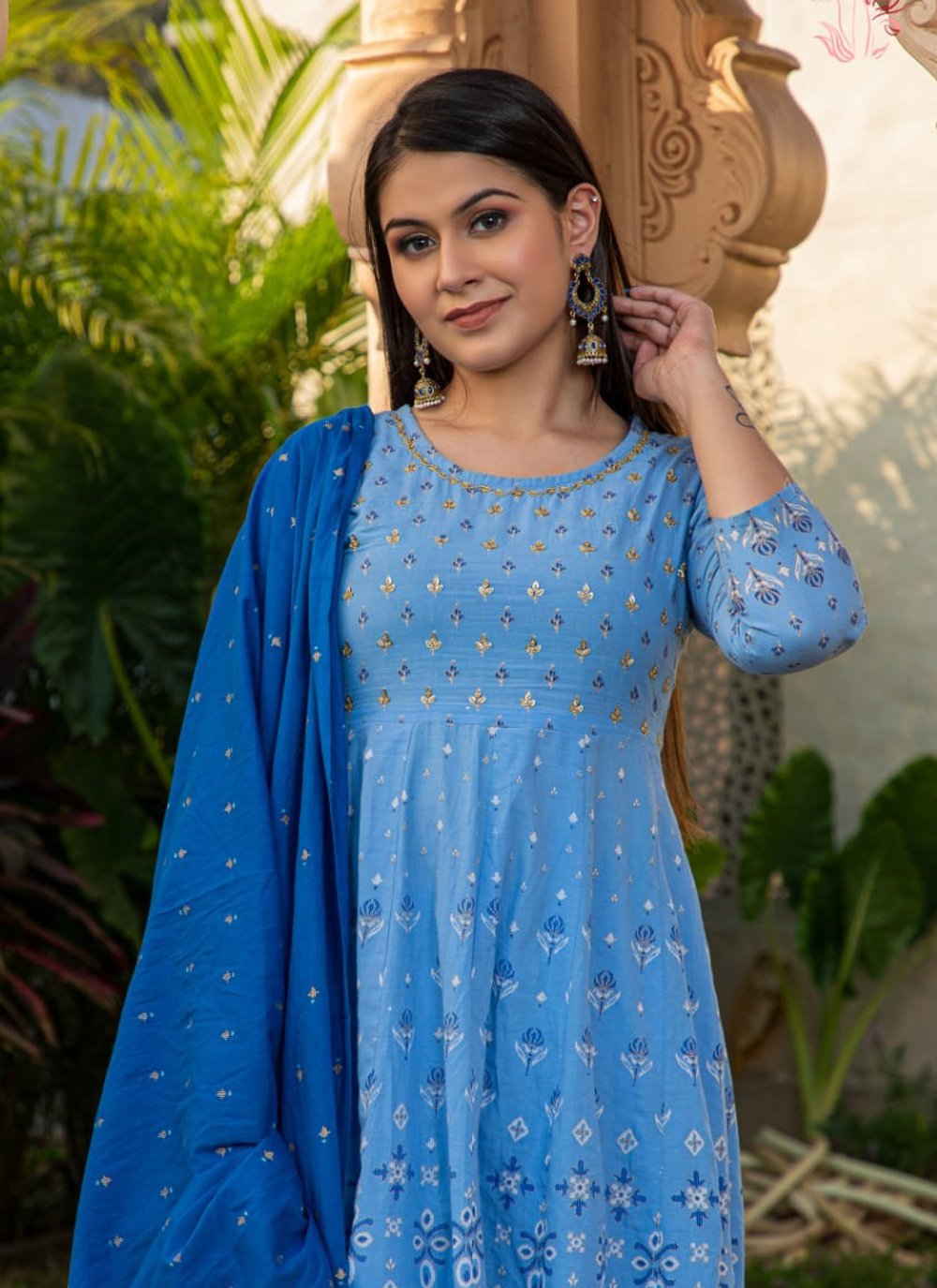 Designer Kurti Cotton Blue Embroidered Kurtis
