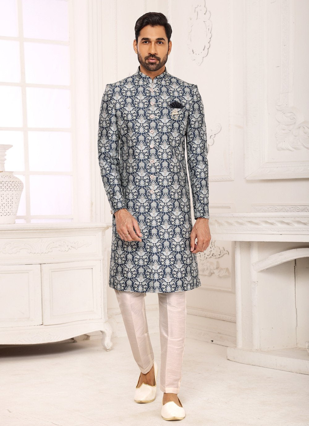 Indo Western Sherwani Fancy Fabric Blue Digital Print Mens