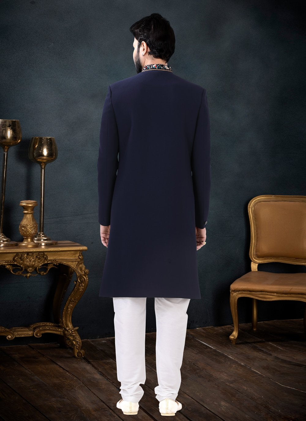 Indo Western Sherwani Fancy Fabric Blue Embroidered Mens