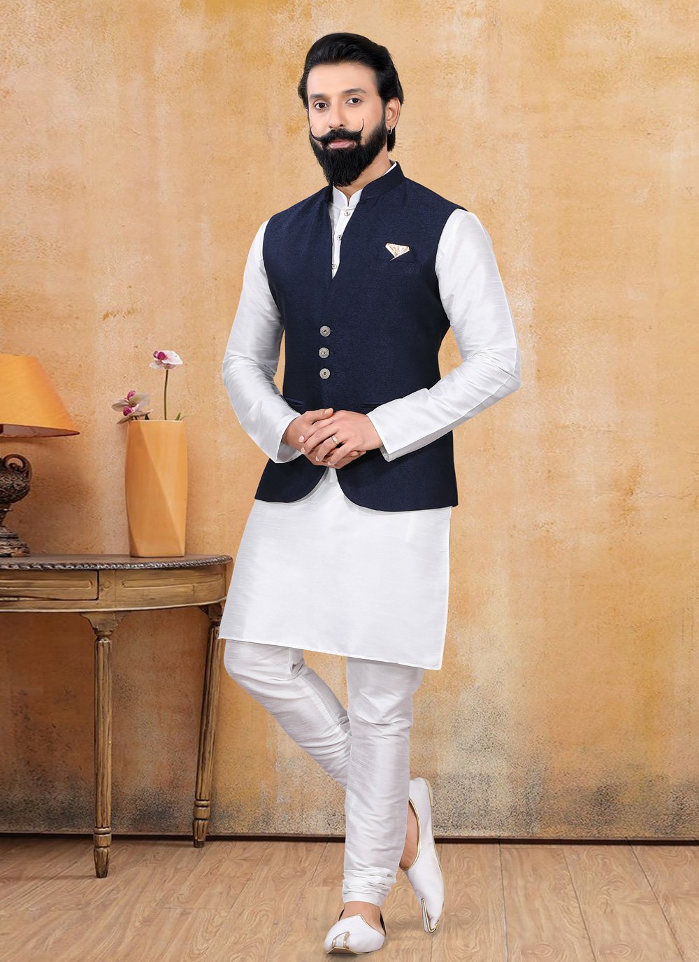 Nehru Jackets Fancy Fabric Blue Fancy Work Mens