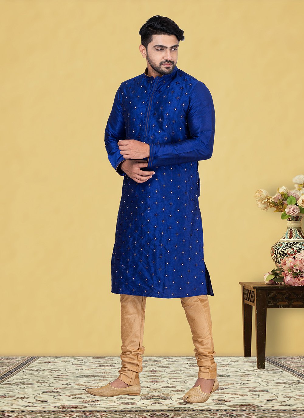 Kurta Pyjama Dupion Silk Blue Fancy Work Mens