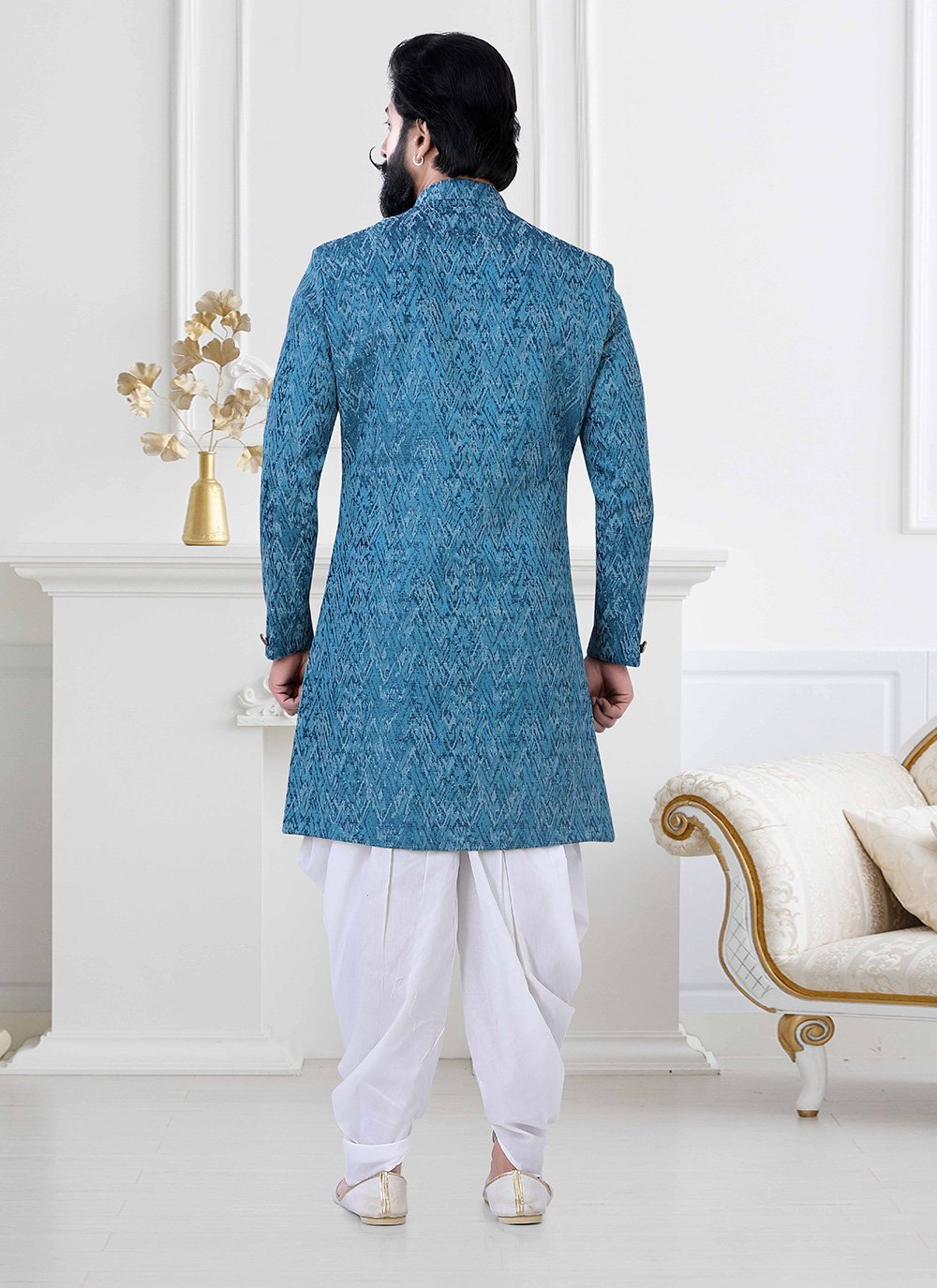 Indo Western Imported Jacquard Blue Fancy Work Mens