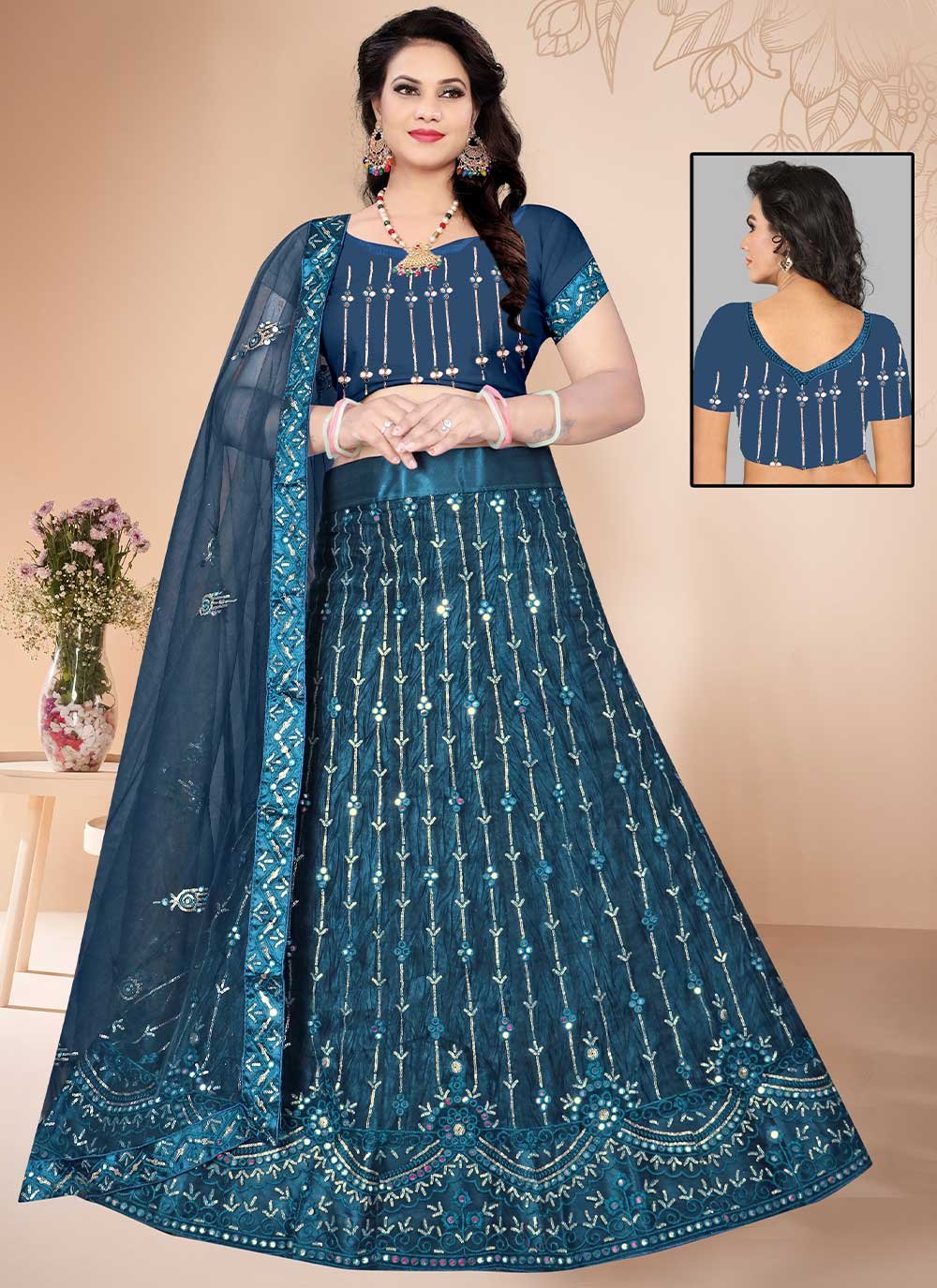 A Line Lehenga Net Blue Embroidered Lehenga Choli