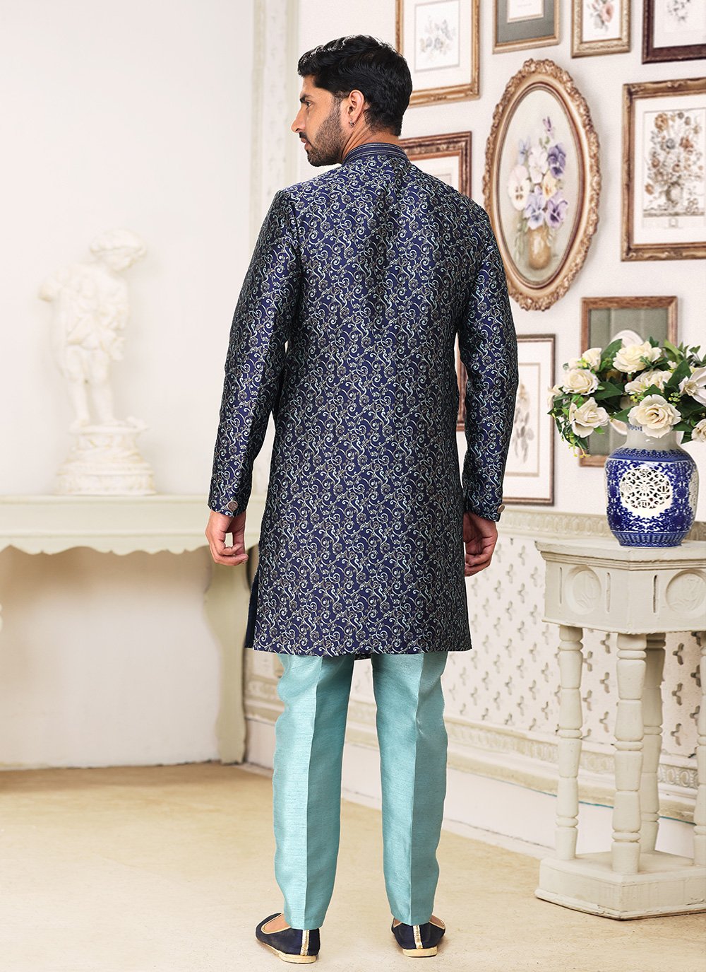 Indo Western Banarasi Jacquard Blue Fancy Work Mens