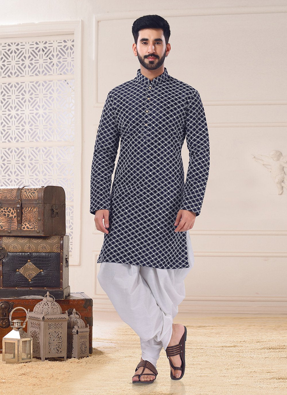 Dhoti Kurta Silk Blue Embroidered Mens