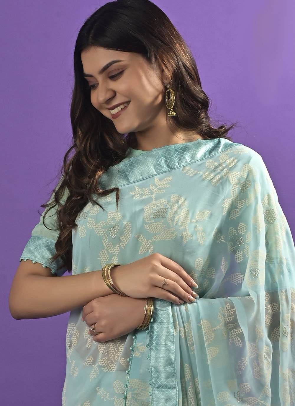 Trendy Saree Georgette Blue Patch Border Saree