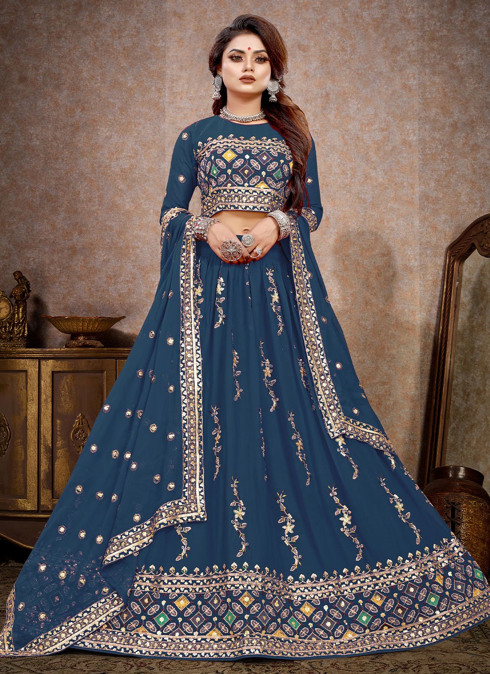 Lehenga Choli Georgette Blue Embroidered Lehenga Choli
