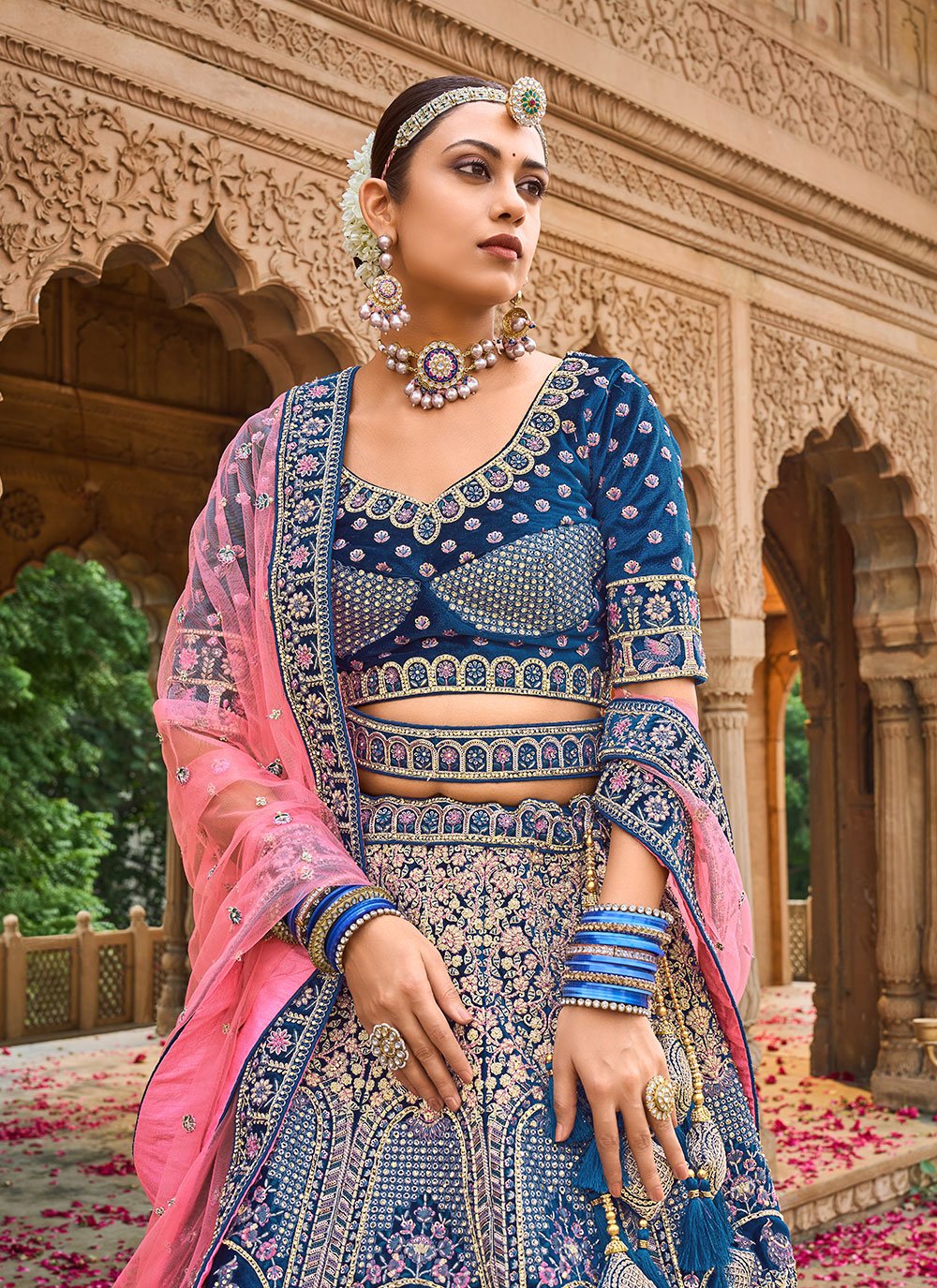 Lehenga Choli Velvet Blue Embroidered Lehenga Choli