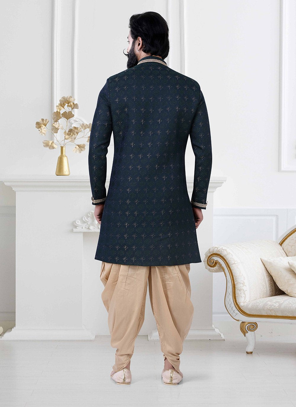 Indo Western Jacquard Blue Embroidered Mens