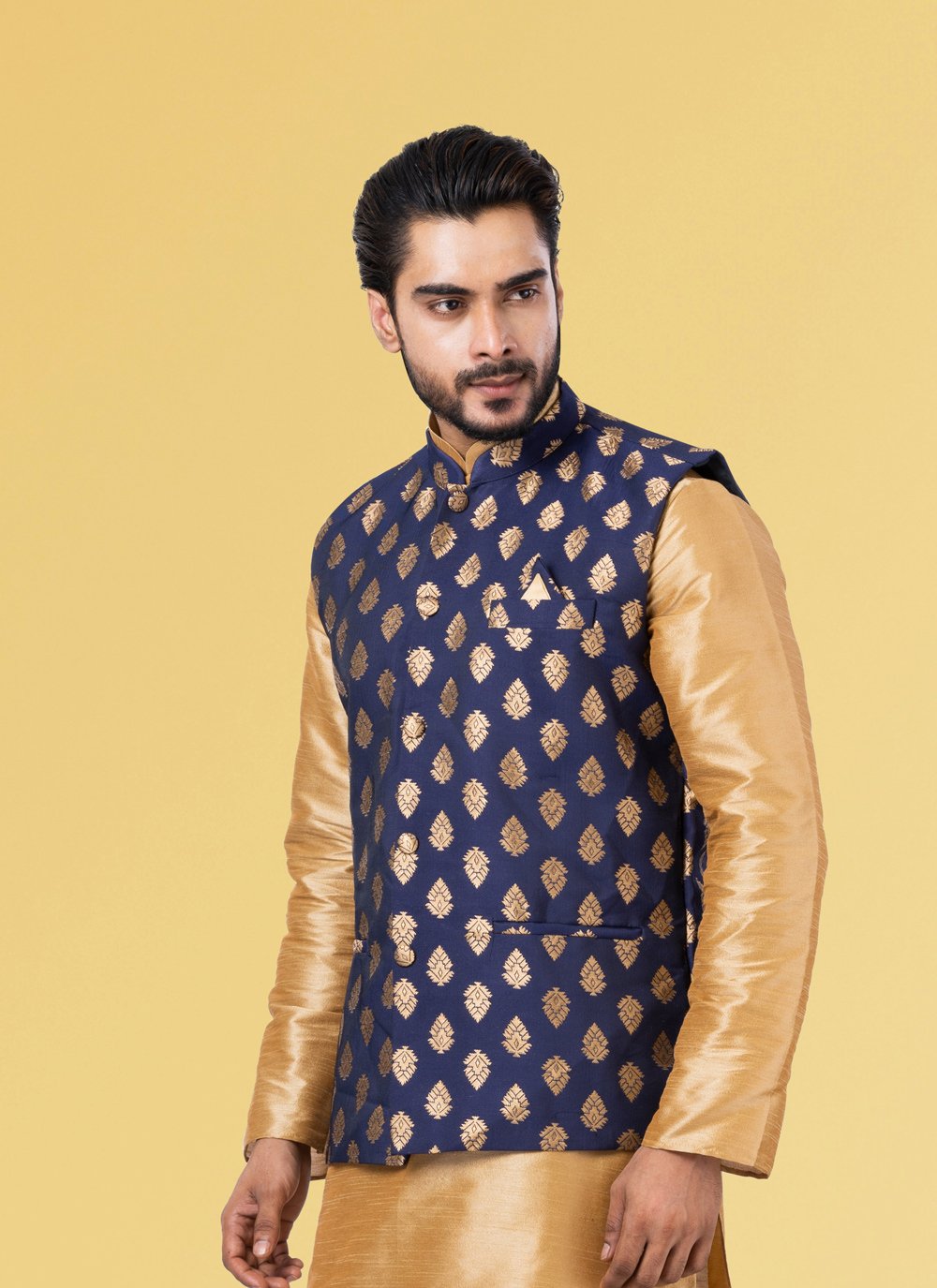 Nehru Jackets Jacquard Silk Blue Embroidered Mens