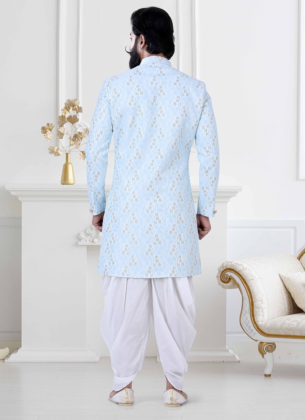 Indo Western Jacquard Blue Woven Mens