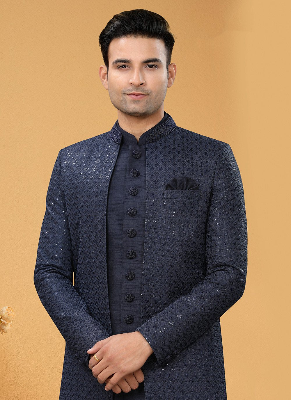 Indo Western Sherwani Art Silk Blue Hand Work Mens
