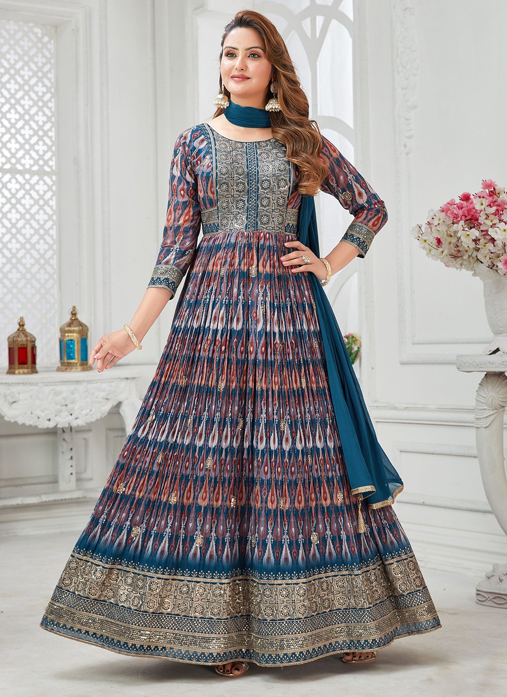 Gown Georgette Blue Embroidered Gown