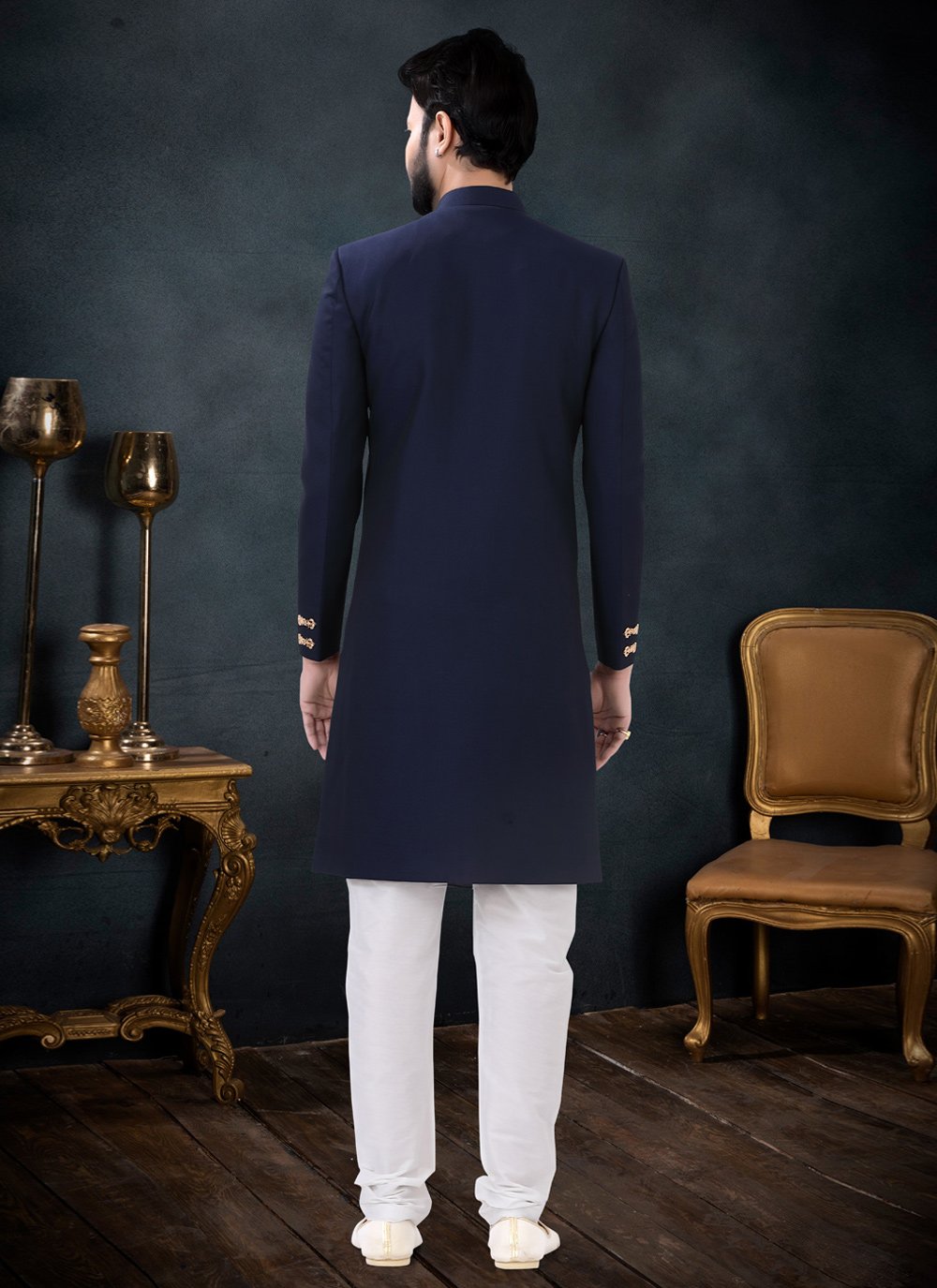 Indo Western Sherwani Fancy Fabric Blue Fancy Work Mens
