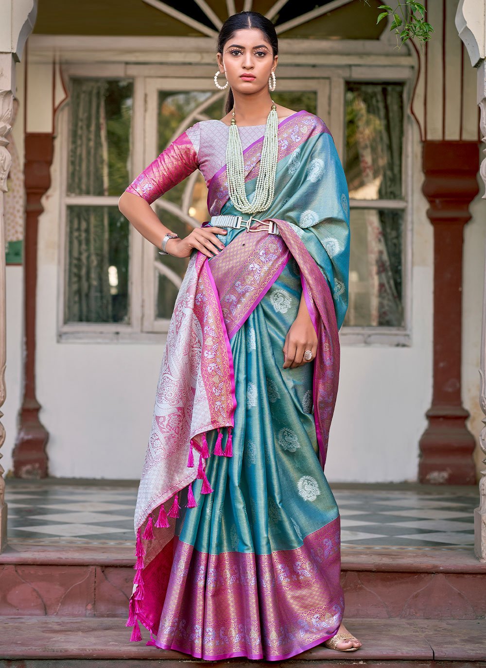 Classic Silk Tissue Blue Weaving Saree