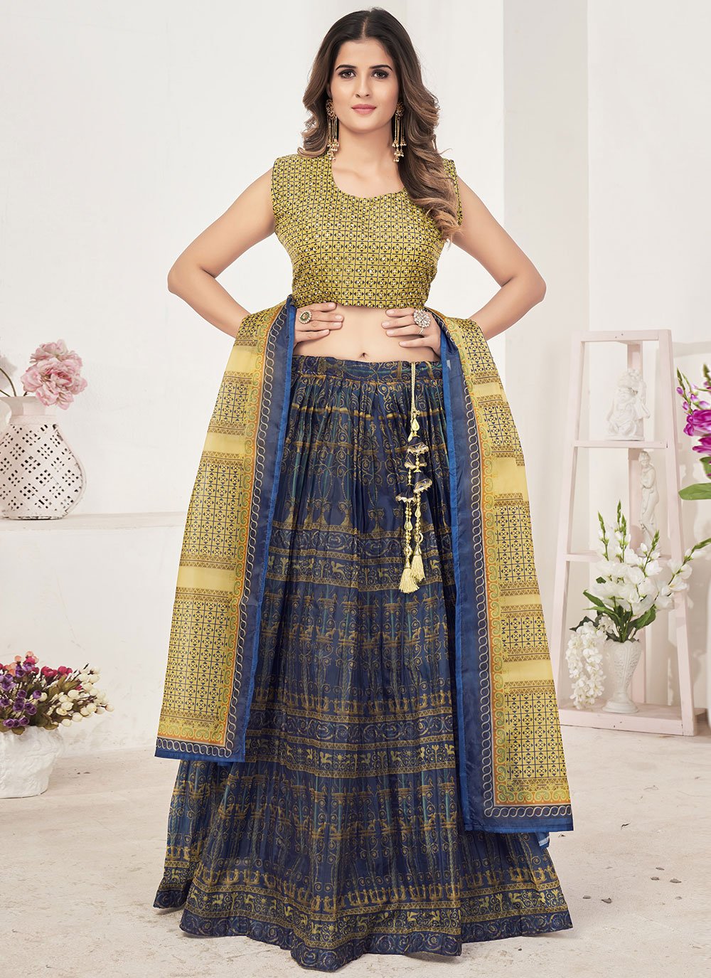 Lehenga Choli Organza Blue Print Lehenga Choli