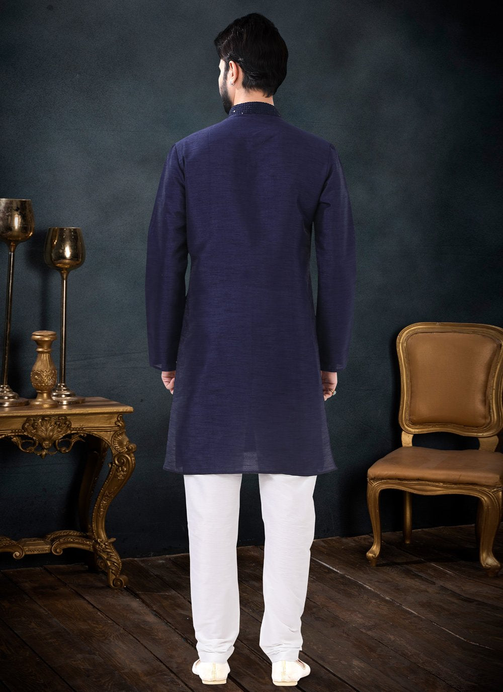 Kurta Pyjama Silk Blue Patch Border Mens