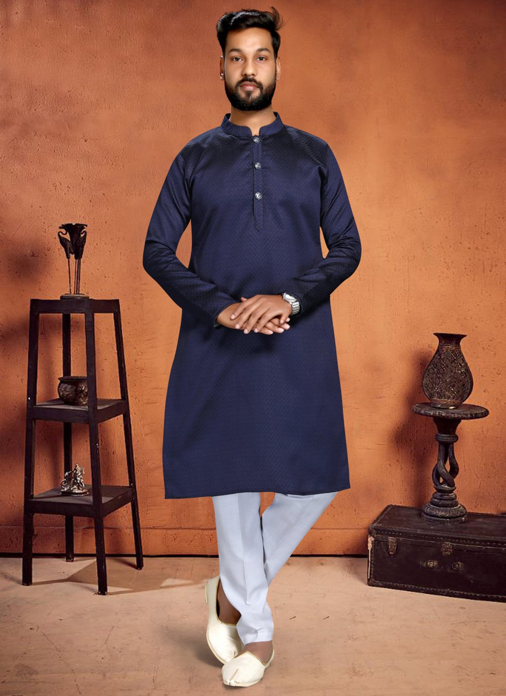 Kurta Pyjama Cotton Blue Plain Mens