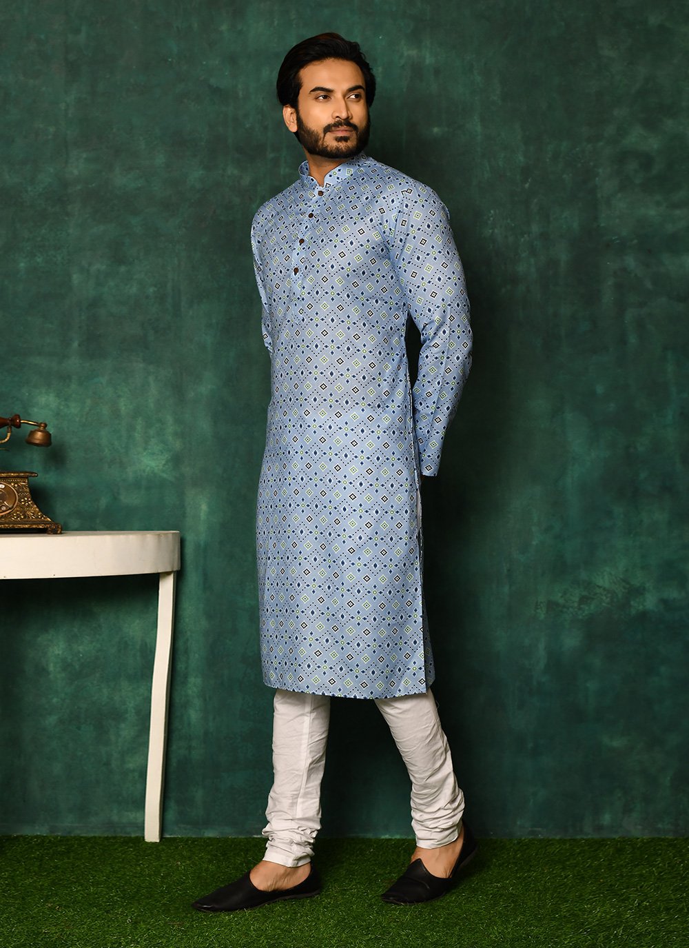 Kurta Pyjama Cotton Blue Print Mens